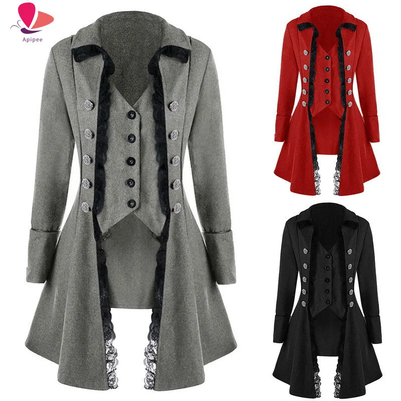 

APIPEE Autumn Winter Women Trim Long Medieval Jacket Gothic Lady Cosplay Solid Long Sleeve Three-Breasted Irregular Tops