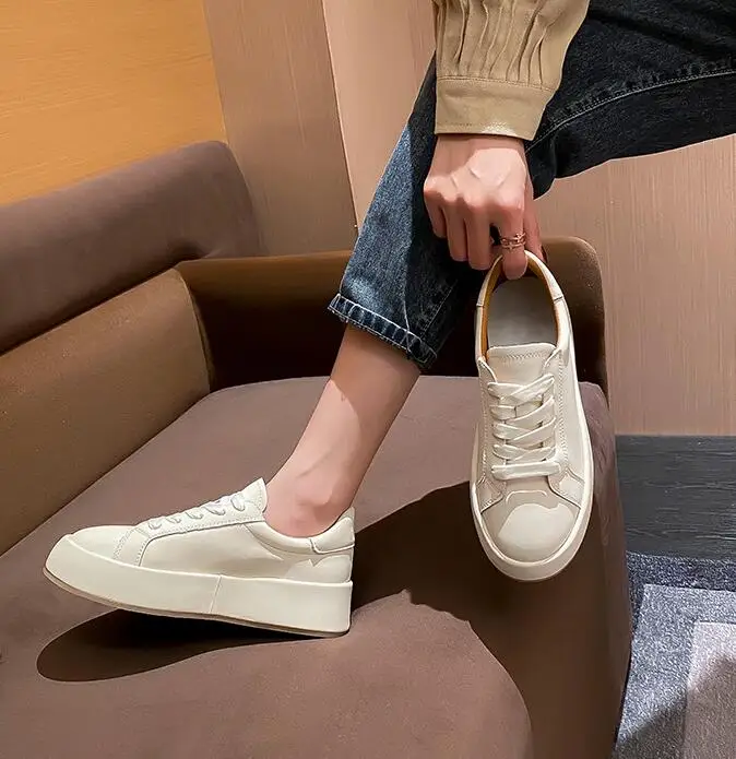 High-quality Genuine Leather White Shoes Fashion New Women Casual Sneakers Platform Tennis Shoes Vulcanized Shoes