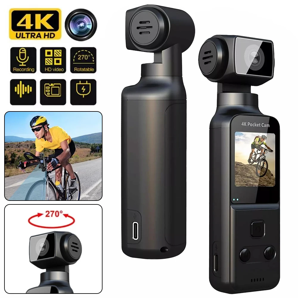 

4K Pocket Digital Camera 1.33Inch Screen 270 Degrees Rotate Wifi with Mic Clip for Outdoor Riding Diving Shooting