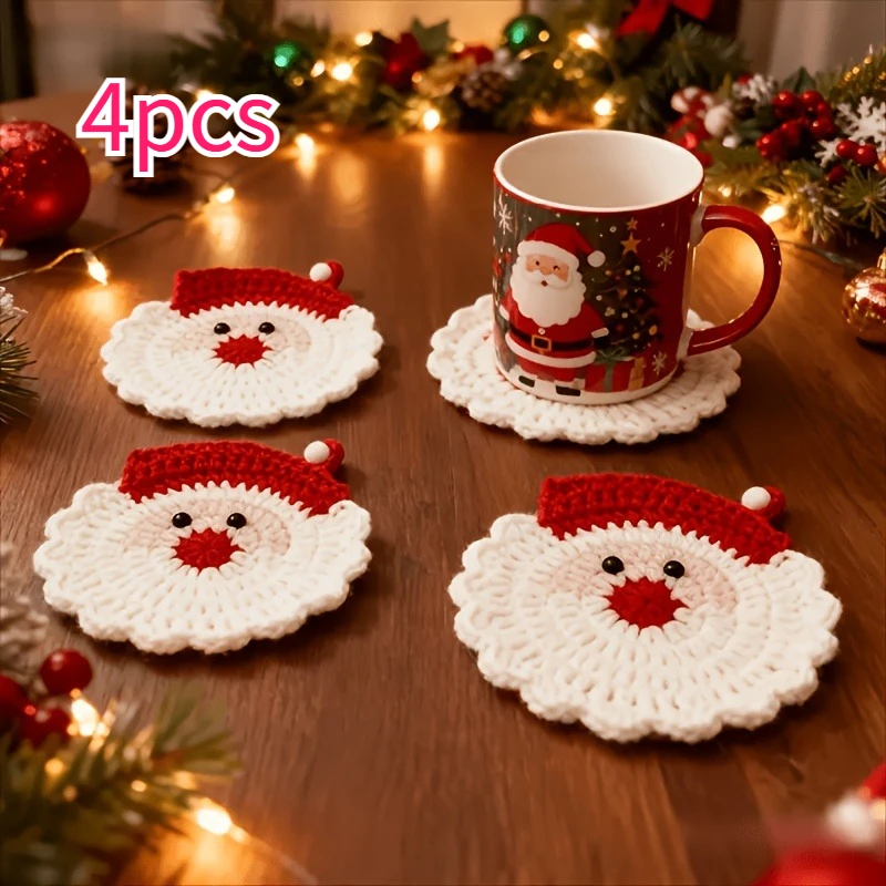 4pcs Crochet Santa Coasters, Handmade Christmas Drink Coasters, Durable Fabric Holiday Table Decor & Unique Gift