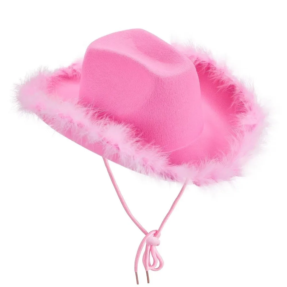 Retro Solid Color Western Cowboy Hat Furry Trim Ethnic Style Cowgirl Hat Cap Wide Brim Top Hat Girl
