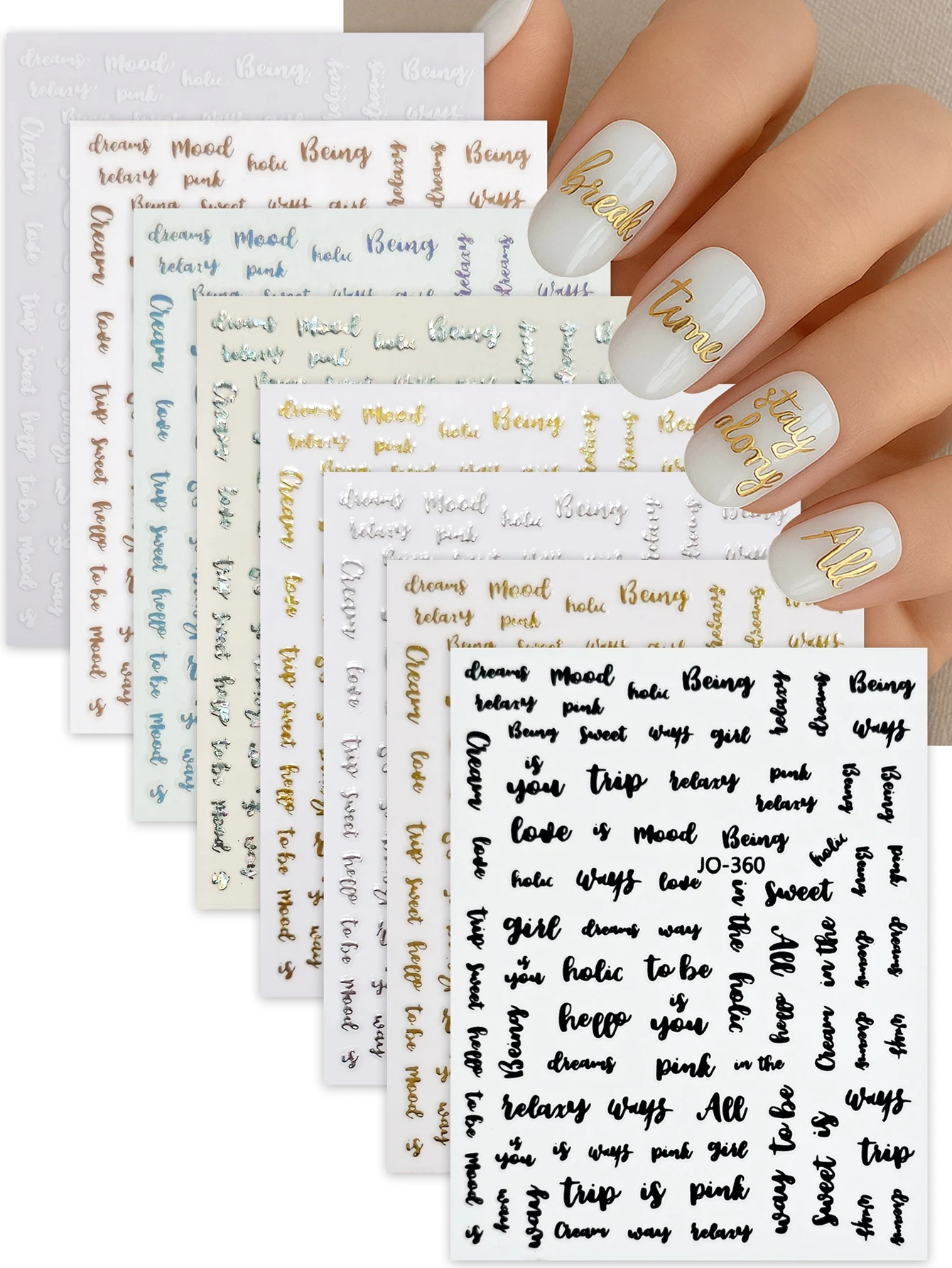 4/8/16 Blatt Wort-Nagelaufkleber, motivierende und verträumte Zitate aus Metallfolie, selbstklebende Nagelaufkleber für DIY-Maniküre