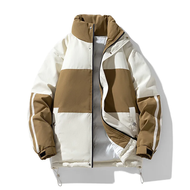 2025 Winter Man Jacket Thicken Cold-proof Stand Collar Male Outerwear Contrast Color Patchwork Long Sleeve Loose Men Coat