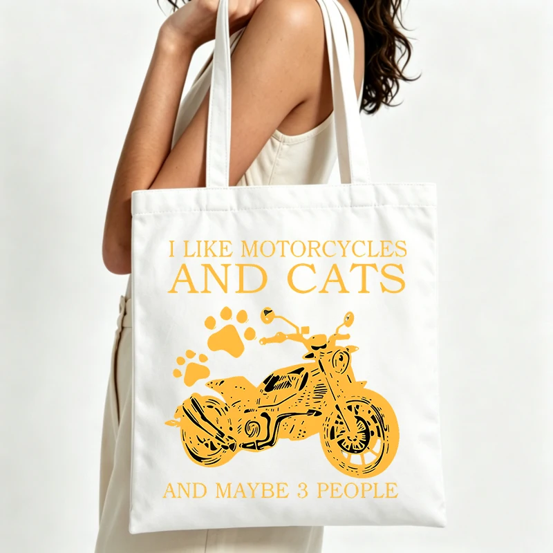 motorcycle and cat graphic canvas tote bag with typography print, ideal for casual daily use and shopping outings