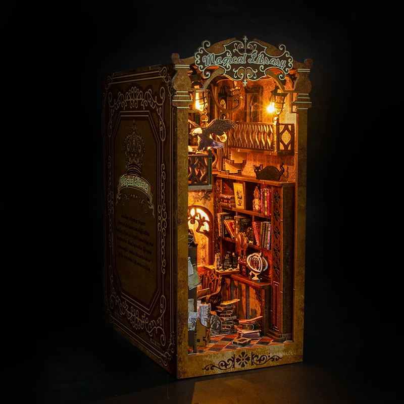 Magical Library DIY Book Nook Kit Miniature Bookshelf Insert with LED Light 3D Wooden Puzzle Building Kit Craft Gift Dollhouse