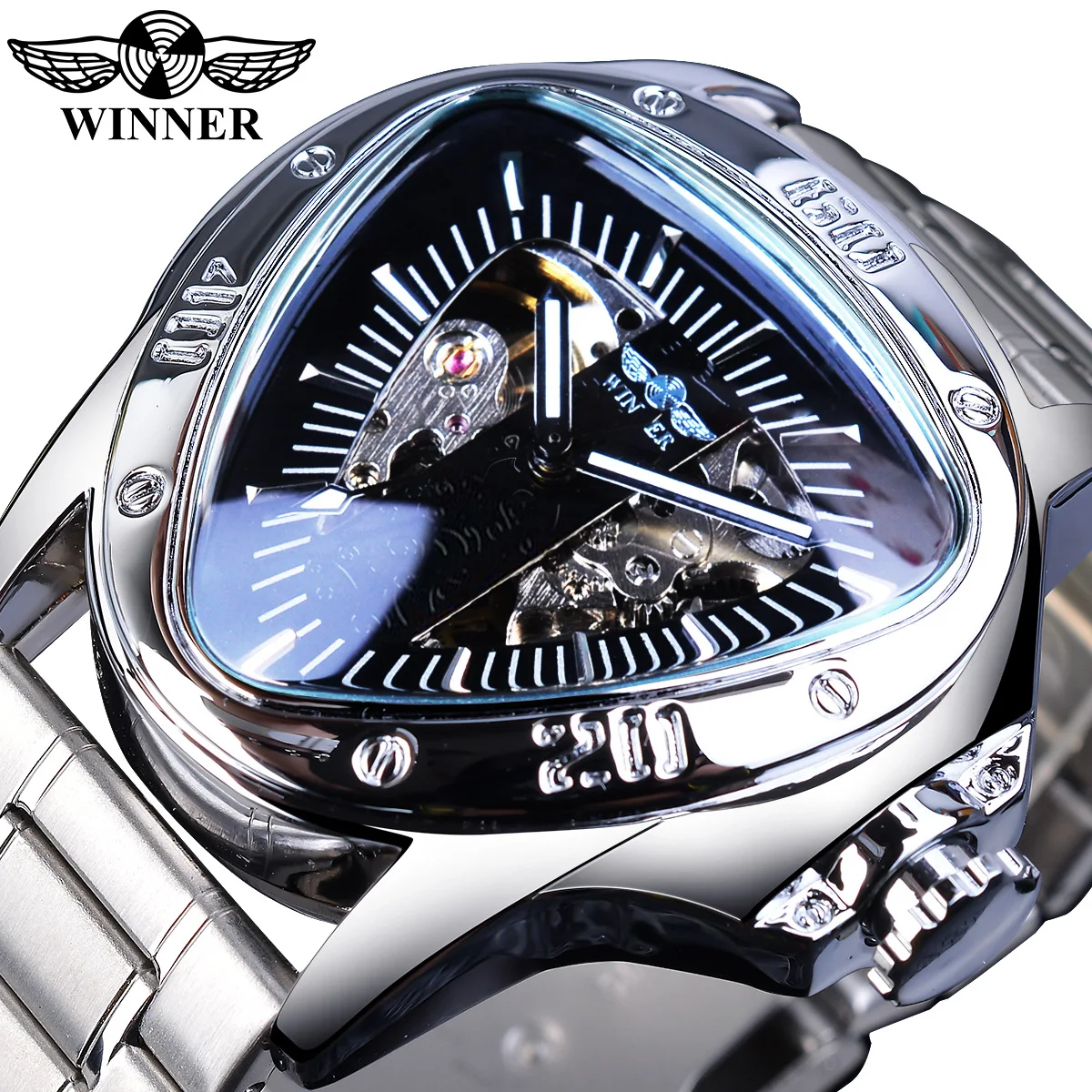 Fashion Winner Top Brand Triangle Men\'s Automatic Mechanical Hollow Luxunry Golden Full Stainless Steel Men\'s Wrist Watches