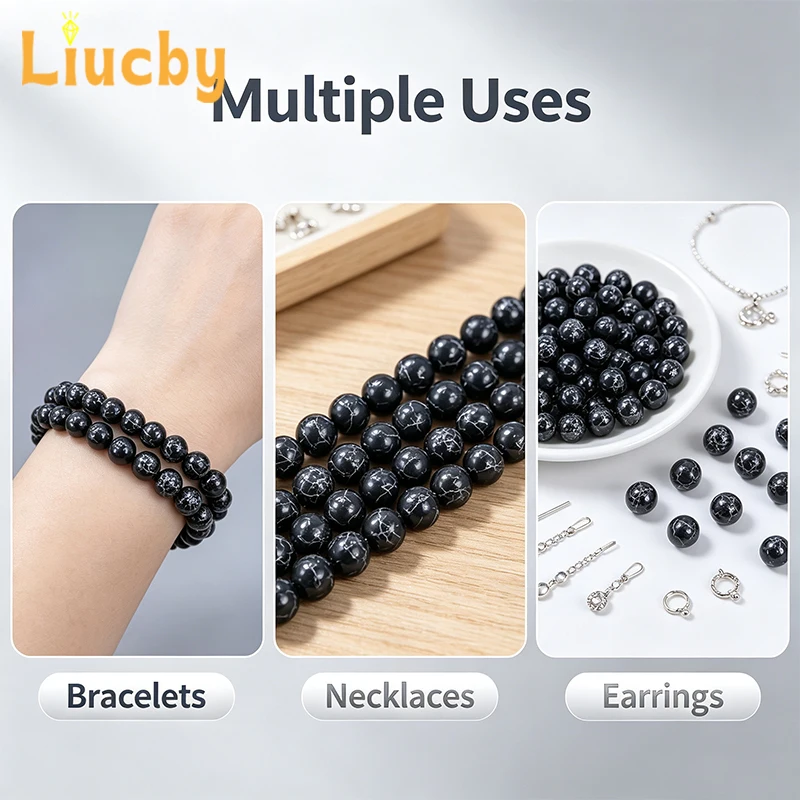 Synthetische schwarze türkisfarbene runde lose Perlen mit silberner Ader, Abstandsperlen in Großpackung für DIY-Schmuckherstellung, Armband, Halskette, Ohrring – Detail 4