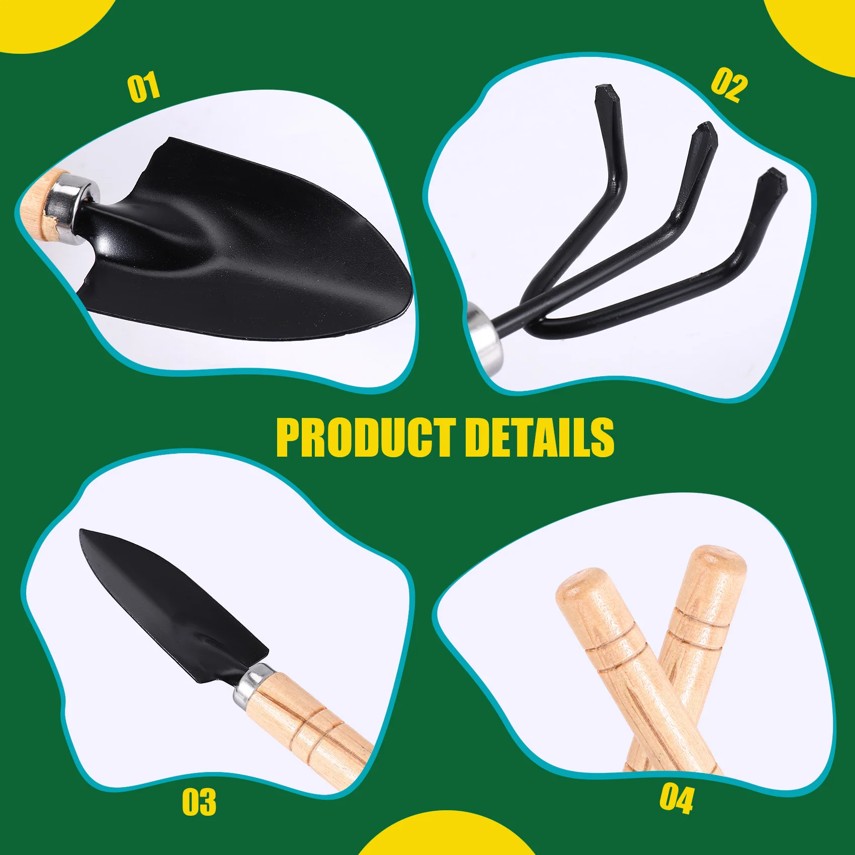 A67P-Set Of 3 Mini Garden Tool Hand Planting Tools Small Shovel Rake Spade Wood Handle Planting Tools
