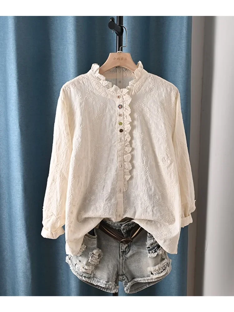

-Long Sleeve Cotton Shirt, Unique Art Embroidery, Ruffled Collar, Cute Buttons, Mori Blouse
