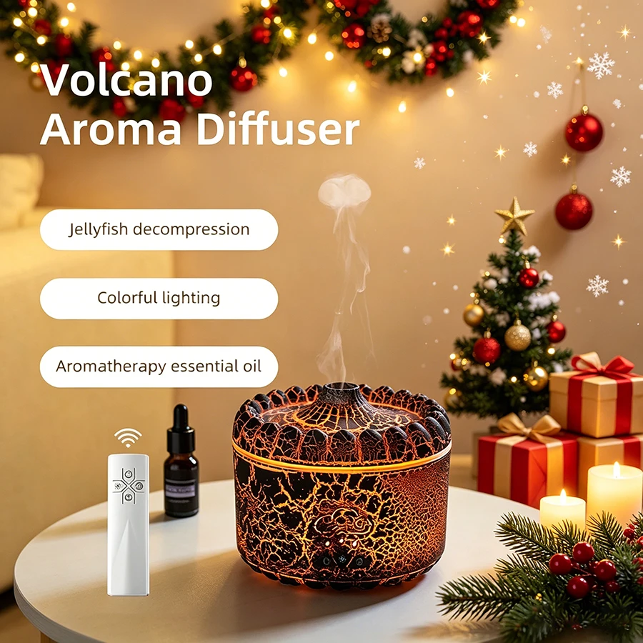 Volcano Aroma Humidifier, 7 Color Night Light, 300ml, 2-8H Timer, Dual Mist Modes, Essential Oil Diffuser, Quiet Cool Mist