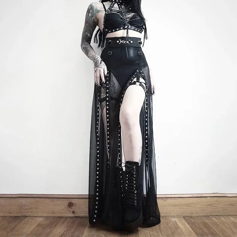 Harajuku Punk Black Hollow Out Skirt Y2K Goth Grunge Patchwork Eyelet Split Long Skirt Summer Sexy Night Club Skirt