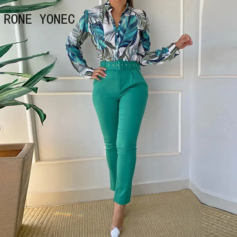 

2023 Women Casual All Over Print Tops & Solid Pants Long Sleeves Stand Collar with Belt Working Shirt & Pants Set