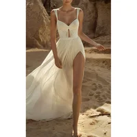 Vestido de novia recortado con cuello de lazo Beige personalizado, vestidos de novia con abertura lateral y espalda descubierta, corte en A, sin mangas, noche Formal