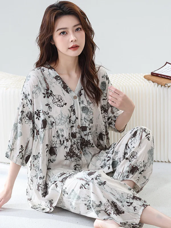 ladies-cotton-silk-sleepwear-spring-summer-loose-fit-cardigan-style-home-clothes-set-thin-seven-sleeve-artificial-cotton-oute