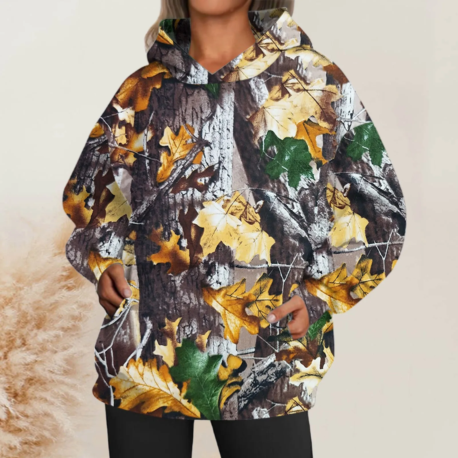 Women\'s Camo Hoodie Maple Leaf Print Oversized Sweatshirt Long Sleeve Hoodies With Dress Jumpsuit Women Women Long Zip Hoodie