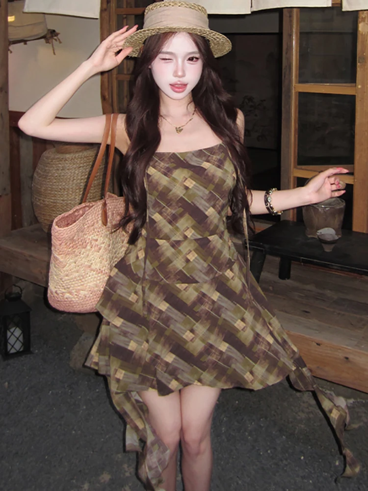 

Летнее шикарное клетчатое короткое платье А-силуэта с оборками, элегантное мини-платье на бретельках в стиле кавай, корейское облегающее платье для дня рождения 2026