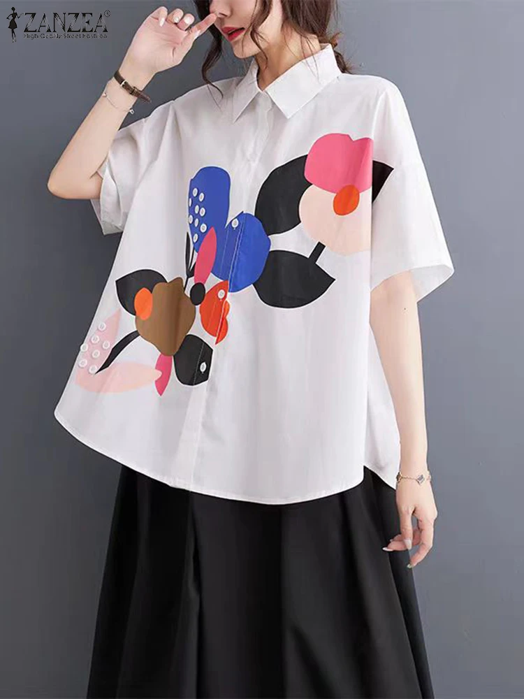 2024 Zomer Revers Kraag Koreaanse Tops ZANZEA Vrouwen Bloemen Bedrukte Shirts Vakantie Korte Mouw Blouse Casual Losse All-Match tuniek