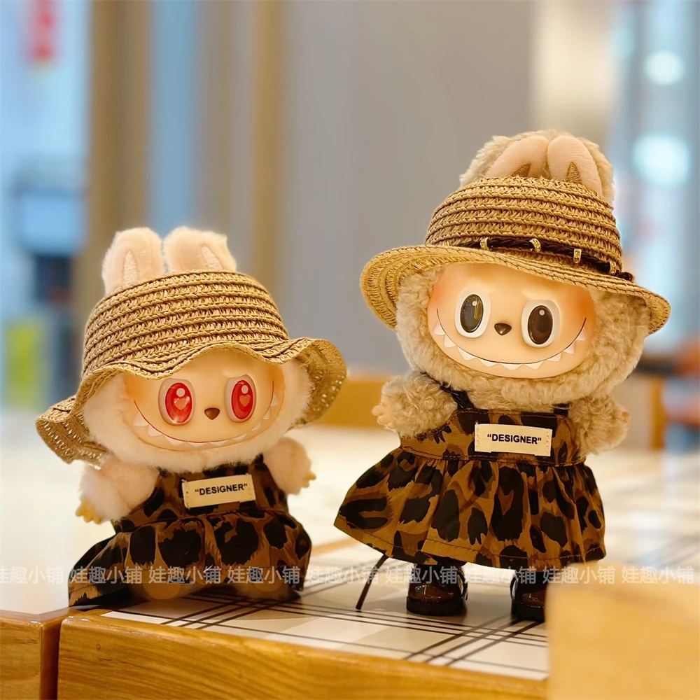 Eerste tweede en derde generatie 17 cm Labubu blinde doos hanger beeldje voor het verwisselen van kleding luipaardprint jurk alleen kleding