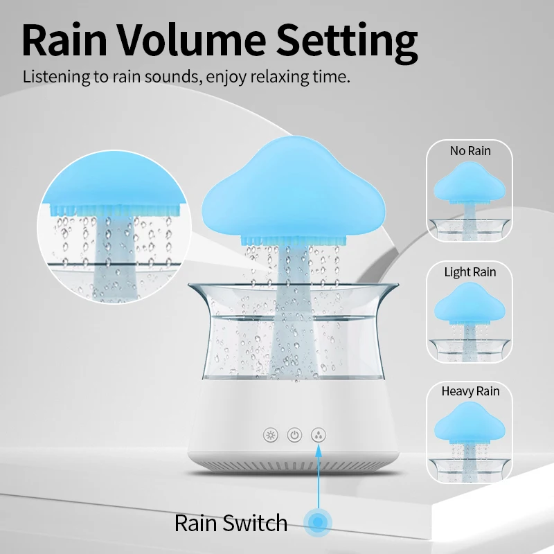 Humidificador de luz nocturna de nube de lluvia con sonido de gota de agua de lluvia y luz led de 7 colores, difusor de aceite esencial, aromaterapia