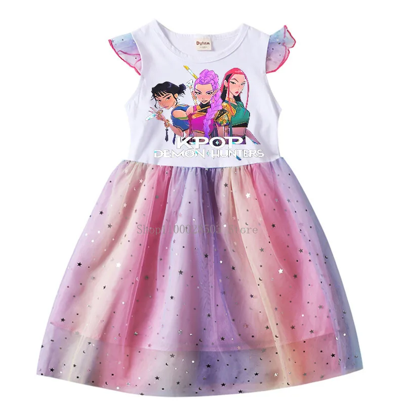 Robe de princesse Kpop Demon Hunters pour enfants, robe en tulle à paillettes étoiles, vêtements d'été décontractés mignons pour enfants, cadeau de fête d'anniversaire