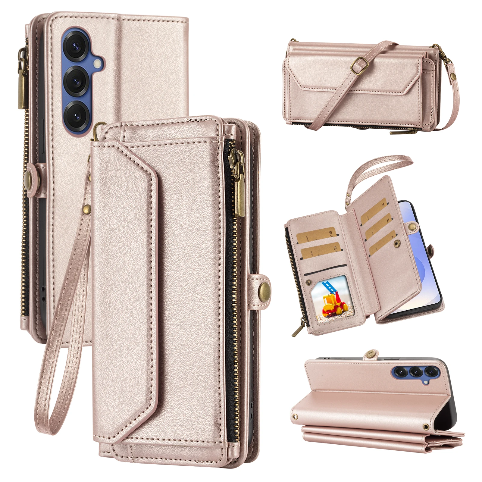 Handyhülle im Wallet-Stil für Samsung A17/A16/A15/A14/A13/A26/A36/A55/A56/A57 mit Umhängegurt, mehreren Kartenfächern und Münzfach, Handyhülle aus Kunstleder – Detail 6