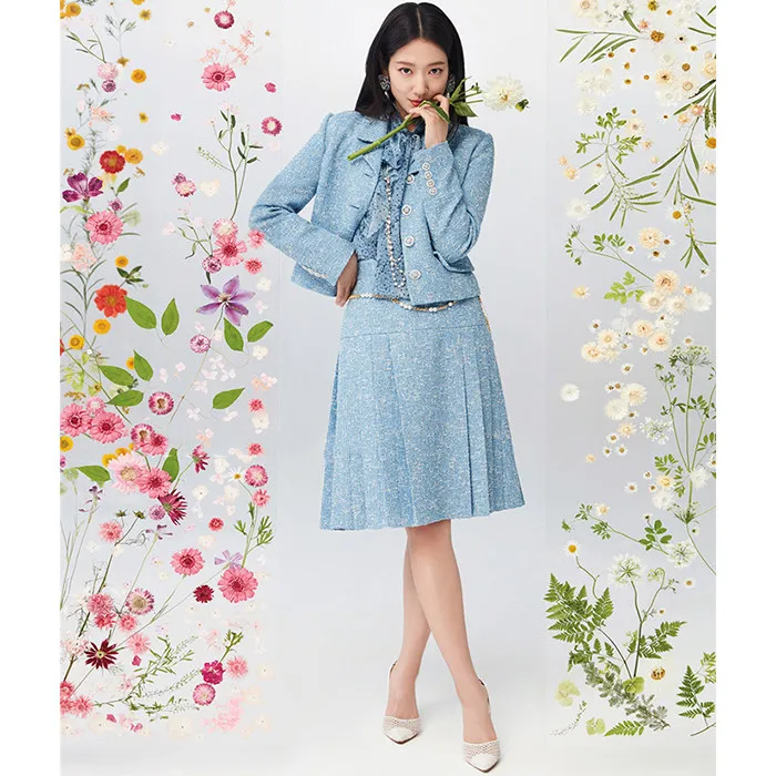 

Женская плиссированная юбка А-силуэта из грубого твида, весенняя модная модель с завышенной талией, бренд Ele