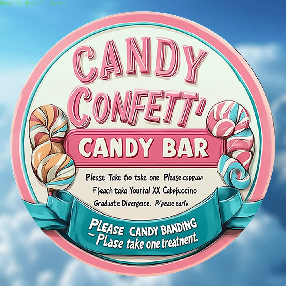 Candy Confetti Candy Bar Retro Lollipop 2D Flaches Rundes Metallschild - Süße Leckereien Wanddekoration für Küche und Partyraum