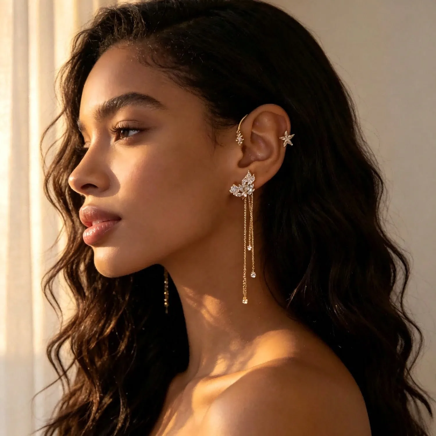 Shiny Crystal Butterfly Long Tassel Wrap Around Ear Cuffs, No Piercing Sparkling Star Zircon Inlaid Adjustable Ear Clips, Elegant Glam Fashion Jewelry Gift for Women Daily Dating Wedding Bridal Cocktail Evening Holiday Party Outfits
