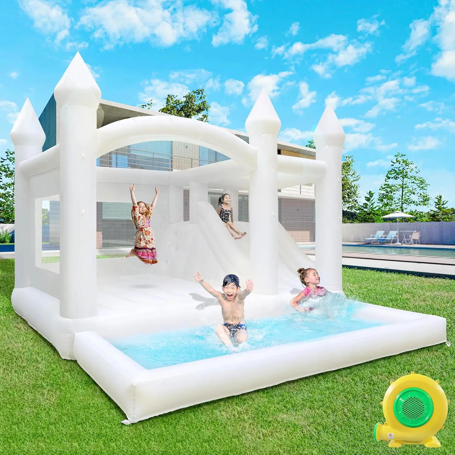 

White Bounce House Castle 3in1 Extra Large Oxford White Bounce House with Slide and Ball Pit - 15'W x 14'L x 10'H for, Custom