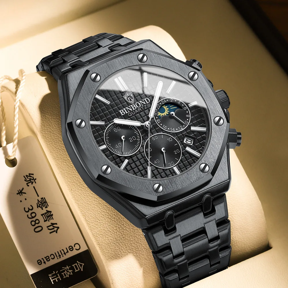 BINBONG Business Man Quartz Watch Luxury Chronograph Calendar The Moon Clock Stainless Steel Waterproof Men\'s Wrist watch B0161