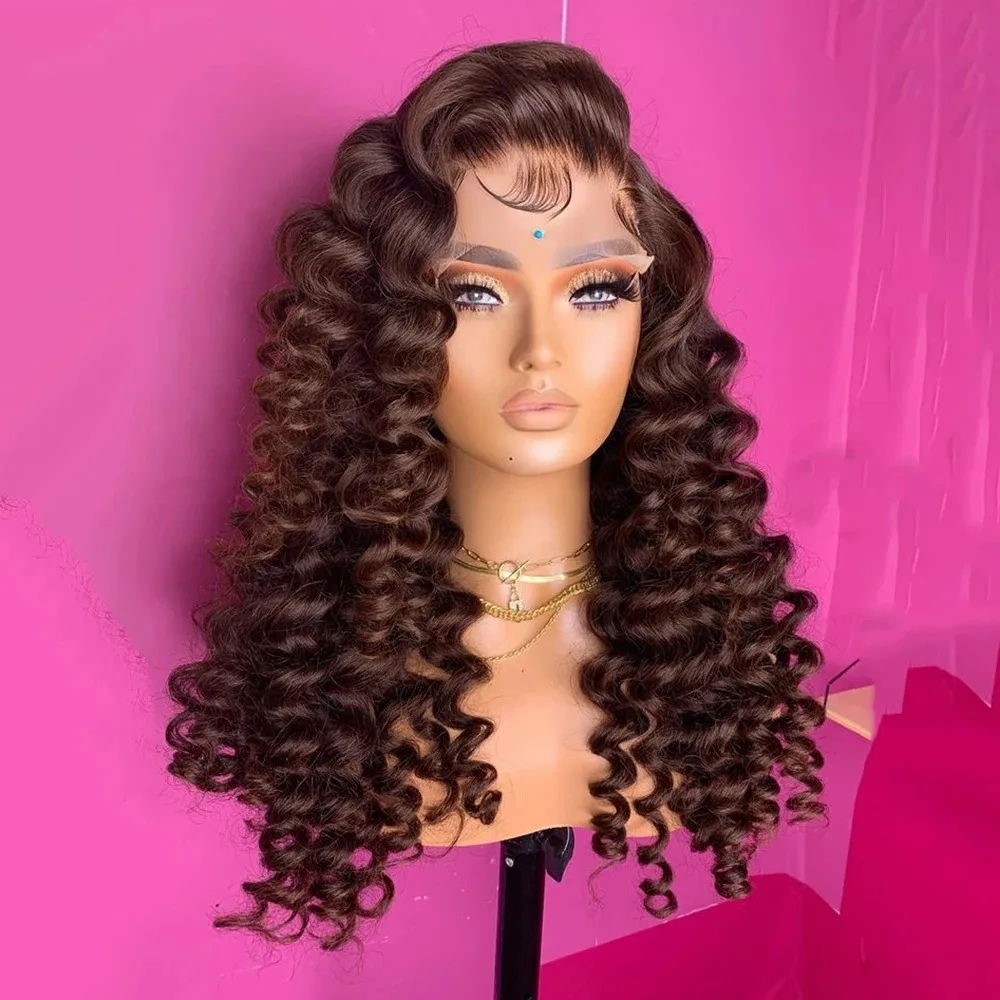 

Шоколадно-коричневый кудрявый парик с глубокими волнами, синтетический, термостойкий, с прозрачной HD-основой 13x4, без клея, на распродаже