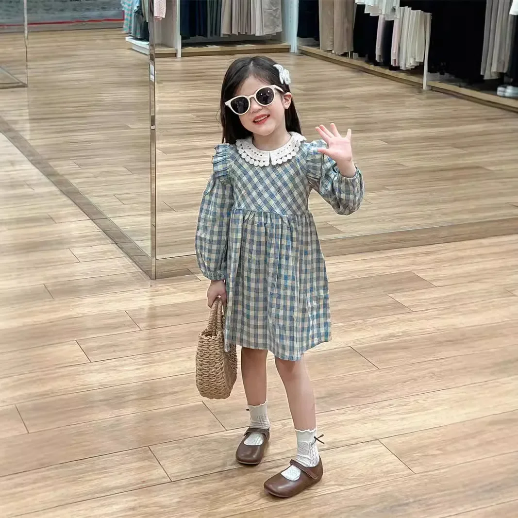 Baby Girls Dress Lace Collar Cute Plaid Long Sleeve 2024 Autumn New Korean Style Childrens Princess Dress