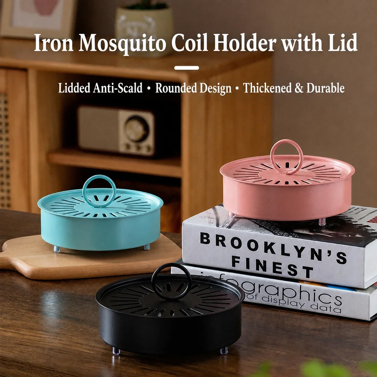 Mosquito Coil Holder with Lid, 15cm Carbon Steel Ash Tray, Heat-Resistant Incense Burner for Patio Camping Garden Outdoor 