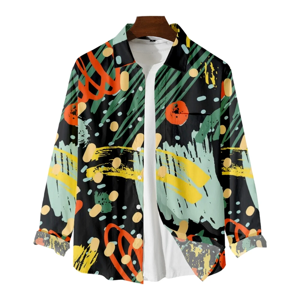 

Men's Graffiti Printing Long Sleeve Button Shirts Korean Shirt Woman Fashion Casual Oversize Shirt Printed Clothing 2