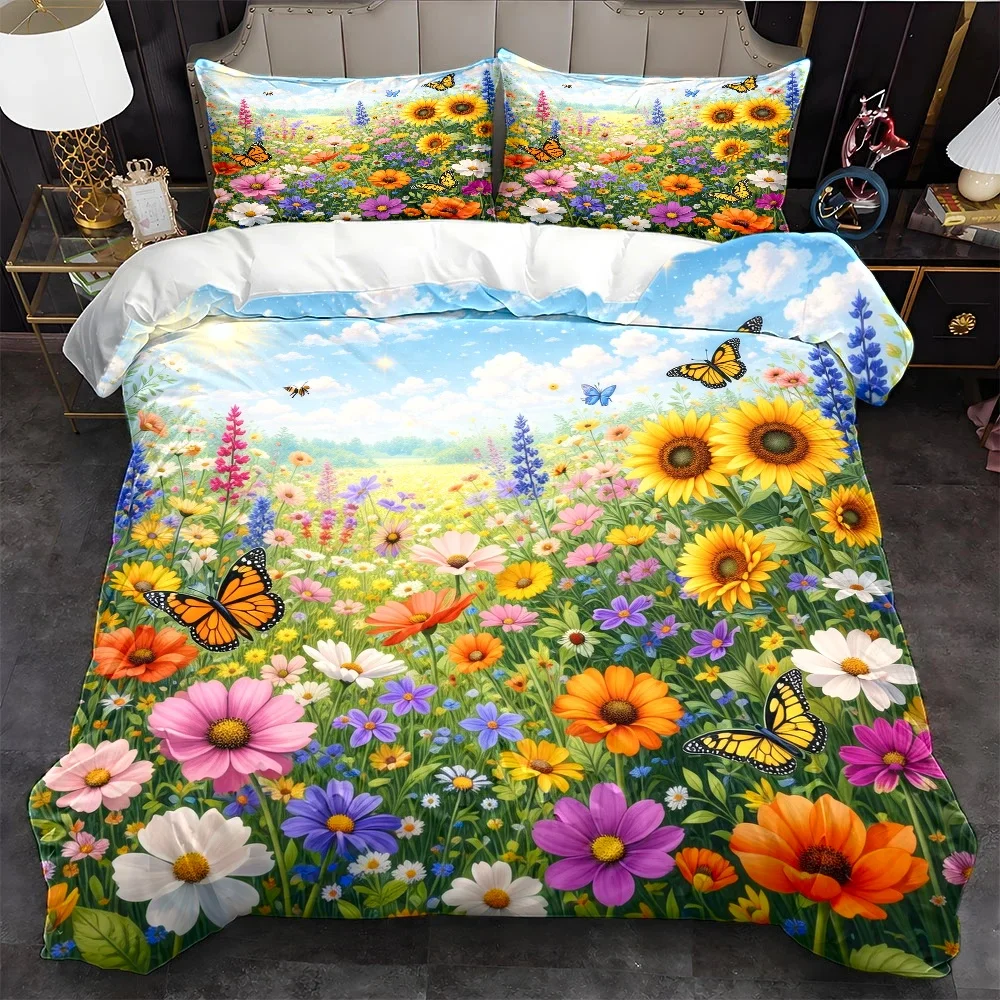 3Pc Dreamy Floral Butterfly Bedding Set (1*Duvet Cover + 2*Pillowcases), Large Duvet Cover Set for Single Bed, Suitable for All Seasons, Machine Washable, Invisible Zipper, Universal Bedding for Home, Dorm, Master Bedroom, Guest Room, Fresh Sunflower Floral Print Bedding Set, Colorful Butterfly Decorative Pastoral Style Duvet Cover Set, Soft, Skin-Friendly, Breathable Bedding Set, Cross-Border Hot-Selling American Country Style Bedding Set, 2D Flat Print