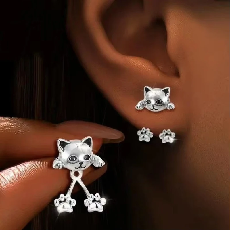 1Pair Cute Cat Front Back Earrings, Silver Kitten Head with Hanging Cat Paw Stud Earrings, Cartoon Animal Statement Jewelry