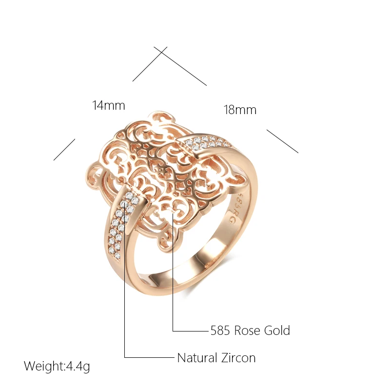 Kienl Trend 585 Rose Gold Color Square Big Ring for Women Vintage Natural Zircon Glossy Metal Ethnic Bride Ring Daily Jewelry