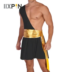 Mens Halloween Knight Warrior Costume Ancient Greek God Gladiator Cosplay Outfit Ruffle Dress Metallic Stage Performance Costume