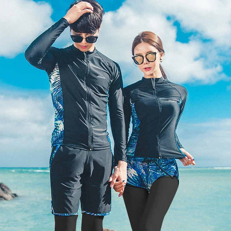 2024 New Men Women Rash Guards Long Sleeves Swimsuit Long Pants Couples Surfing Suit Leaf Printed 5 Pieces Bathing Wear Swimwear