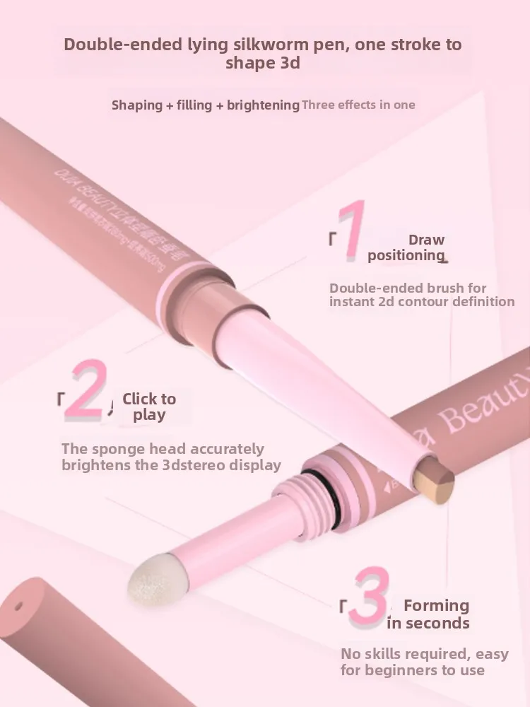 DIJIA Caneta de bicho-da-seda de duas cabeças de uso duplo para delinear sombras rosa destaque iluminar maquiagem dos olhos