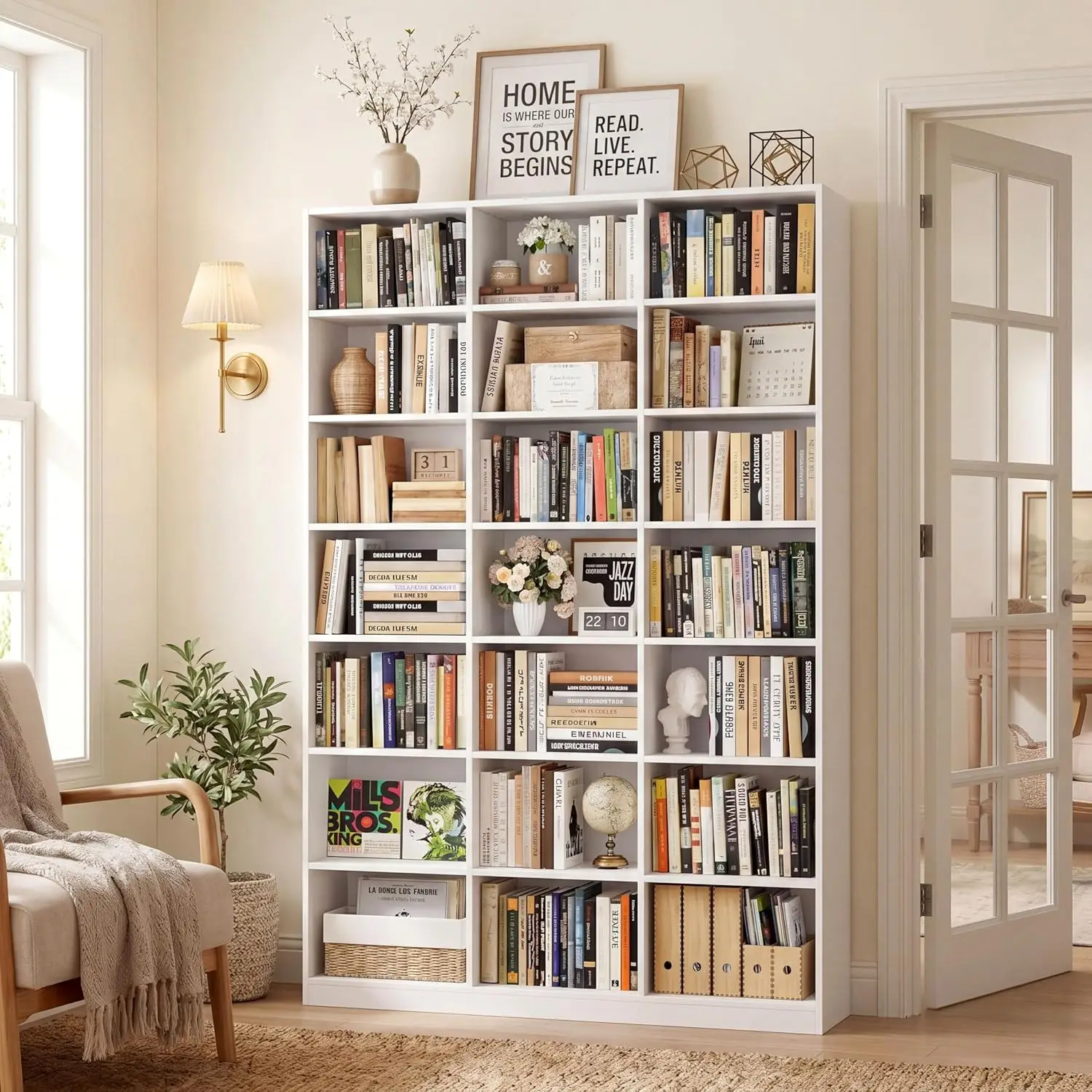 Triple Wide Bookshelf, 7-Tier Storage Shelf with Cube Compartments, Tall Display Unit for Living Room & Home Office, 86