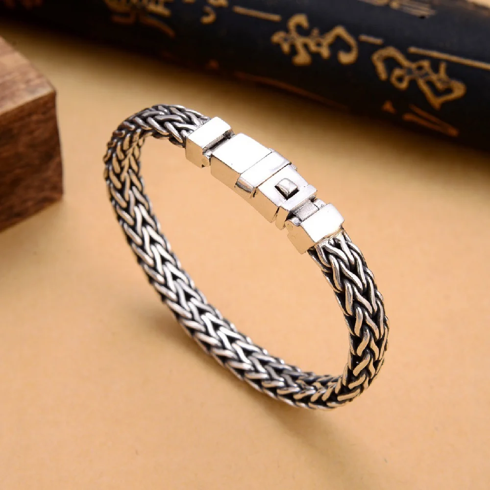 

Pure silver S925 hand woven hemp rope bracelet for men with domineering personality, retro Thai silver chain personality