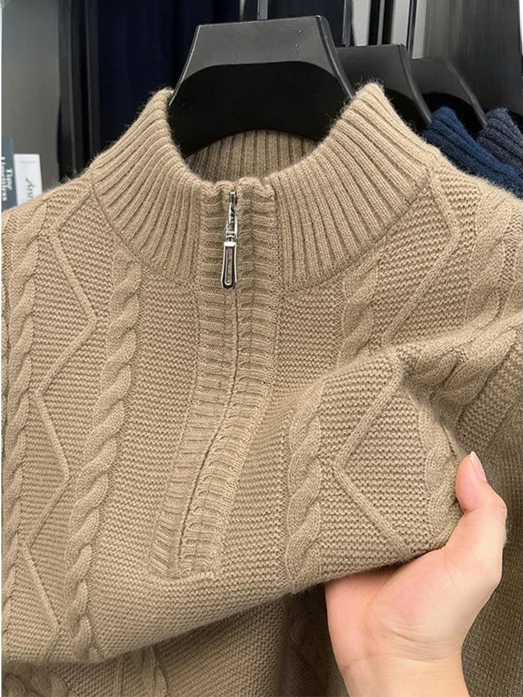 

Thiened f-High Collar Zipper Knitted Sweater Winter Warm Men's Woolen irt Casual Busin Sle Soft Wool Fabric