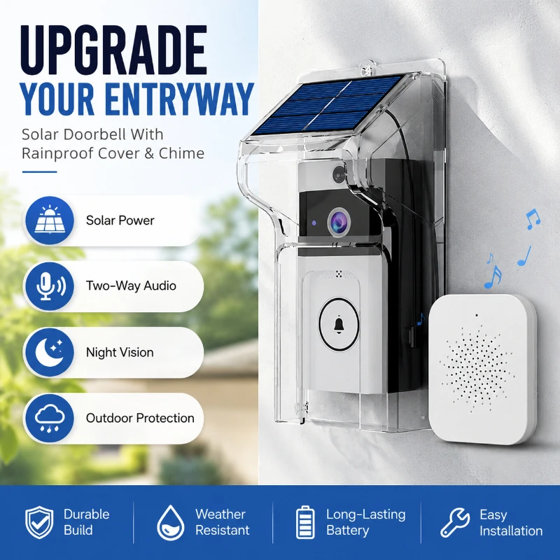 Two‑Way Audio Video Doorbell Solar Powered With Clear Rainproof Cover Outdoor Home Monitoring Camera Set