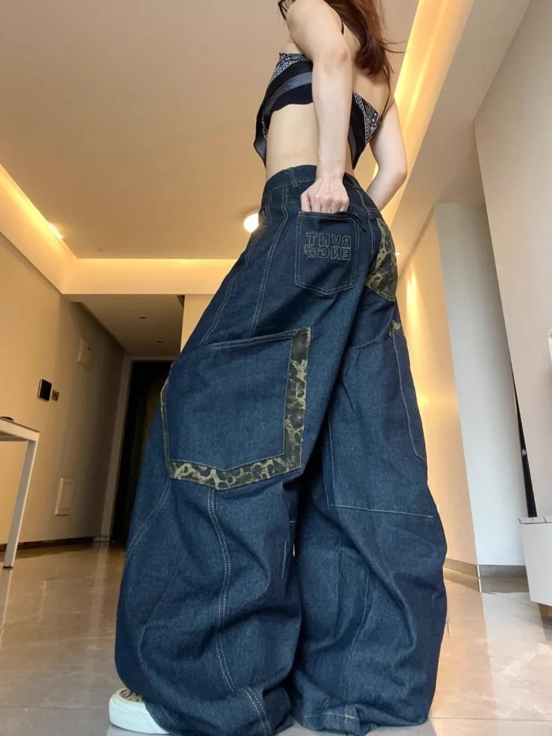 Y2K Fashion New Oversize Pocket Letter Embroidered Baggy Jeans Women Street Vintage Hip Hop Popular High Waist Wide Leg Pants