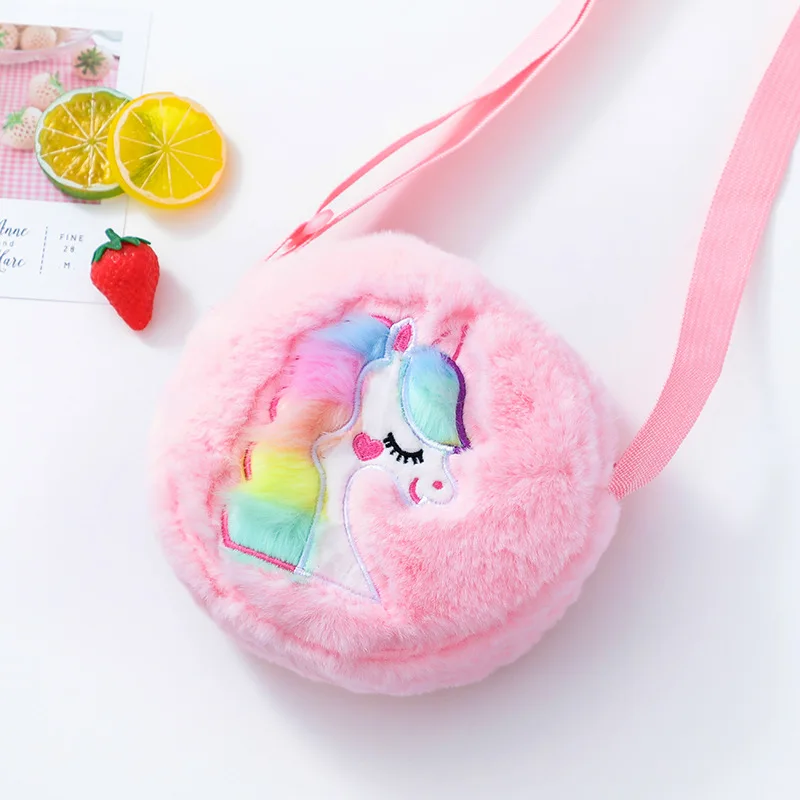 Kawaii Unicorn Bag For Girls Plush Shoulder Bag Children Crossbody Bags Mini Round Messenger Bag Kid Keys Coin Purse Small Pouch