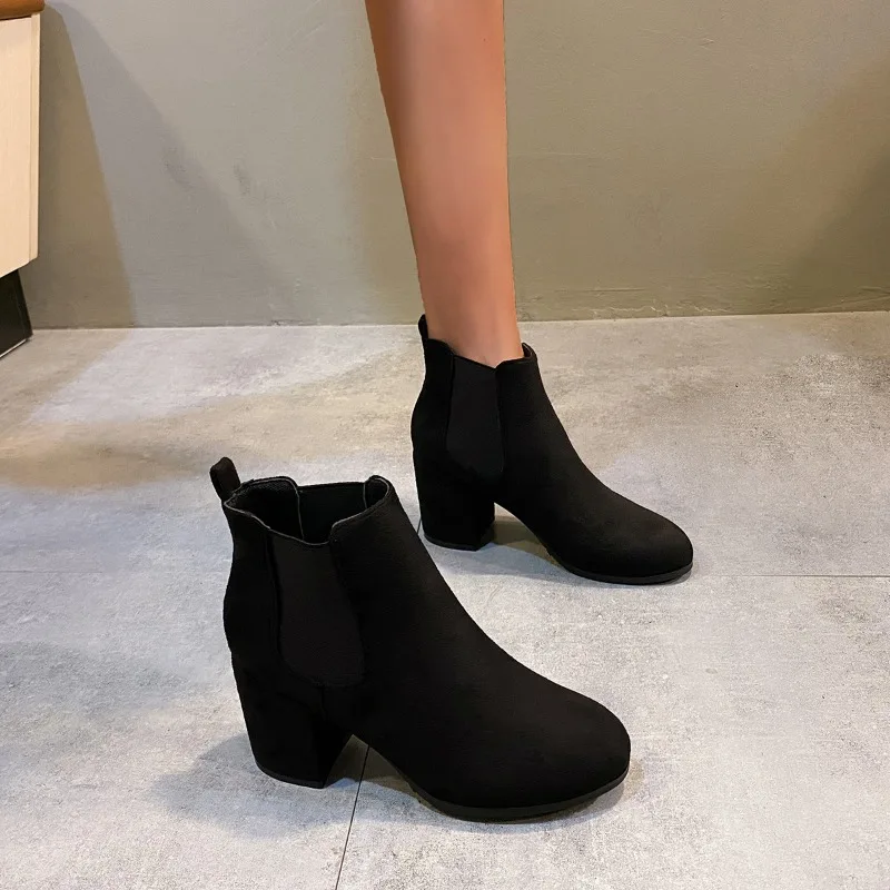 Women's Ankle Boots Black Faux Suede Elastic Side Chunky Heel Chelsea Boots Casual Comfortable Walking Shoes for Women