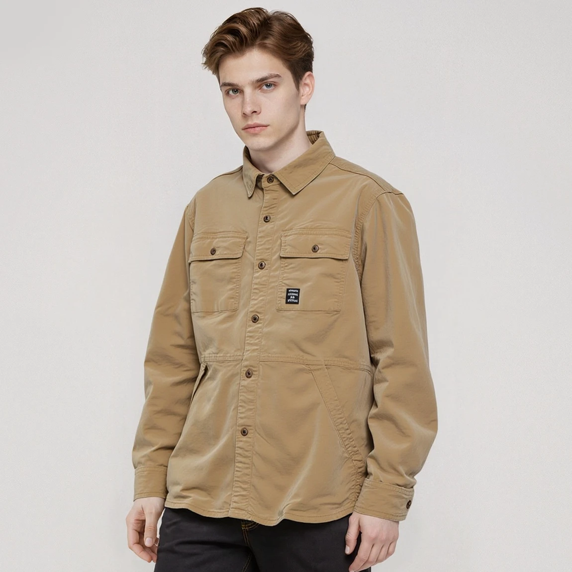 Men's Multi-pocket Loose Casual Shirt Trendy Fashion Top with Long Sleeves Versatile Work Jacket Green Khaki BL829-1