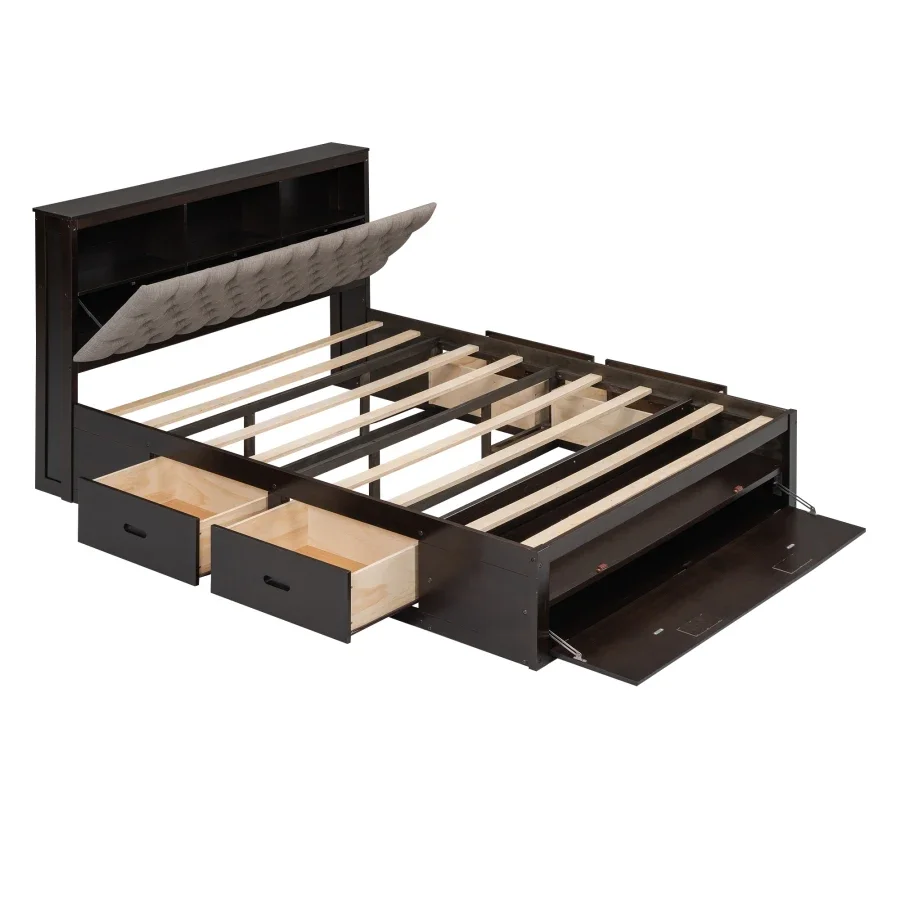 Wood Queen Size Platform Bed with Storage Headboard, Shoe Rack and 4 Drawers, Sturdy Construction, Multiple Spaces