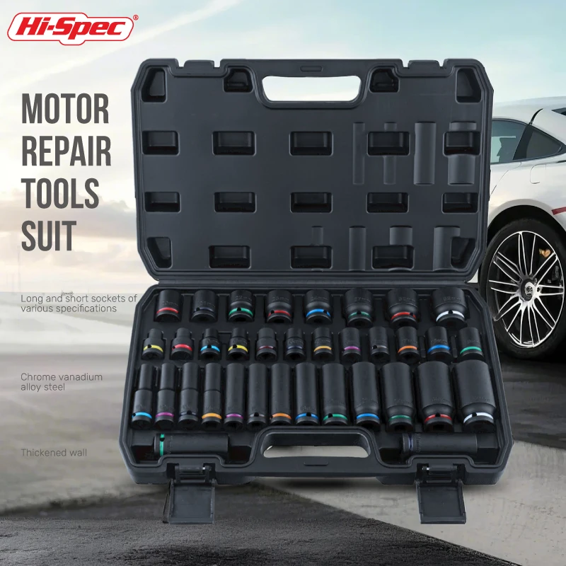 Jeu de douilles à chocs 1/2 pouce, 10 pièces, 8-24 mm, douilles pneumatiques en acier CrV à paroi épaisse avec anneaux de couleur, kit d'outils à douilles